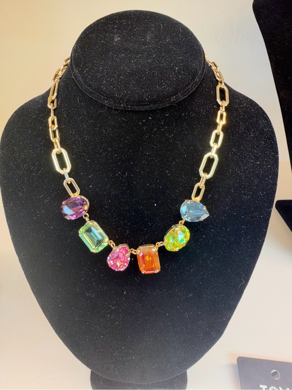 Gold Link Necklace with Multicolor Crystal Pendants